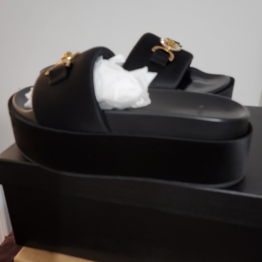Black Slide Versace Sandals with Gold Medusa Head Size 41